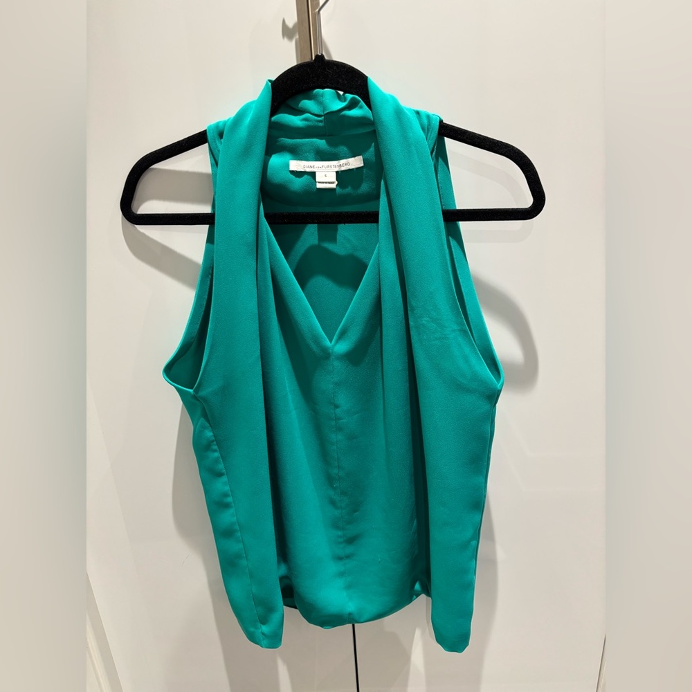 DVF Draped V-Neck Sleeveless Blouse, Teal Blue, S